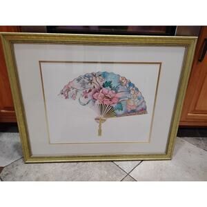 Beautiful Signed Pat Woodworth Embossed Gold Foil Lithograph Print "FLORAL FAN"